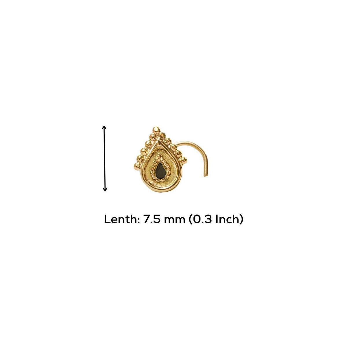 A gold-colored nose stud with a decorative element, such as a leaf or flower, is shown against a white background.