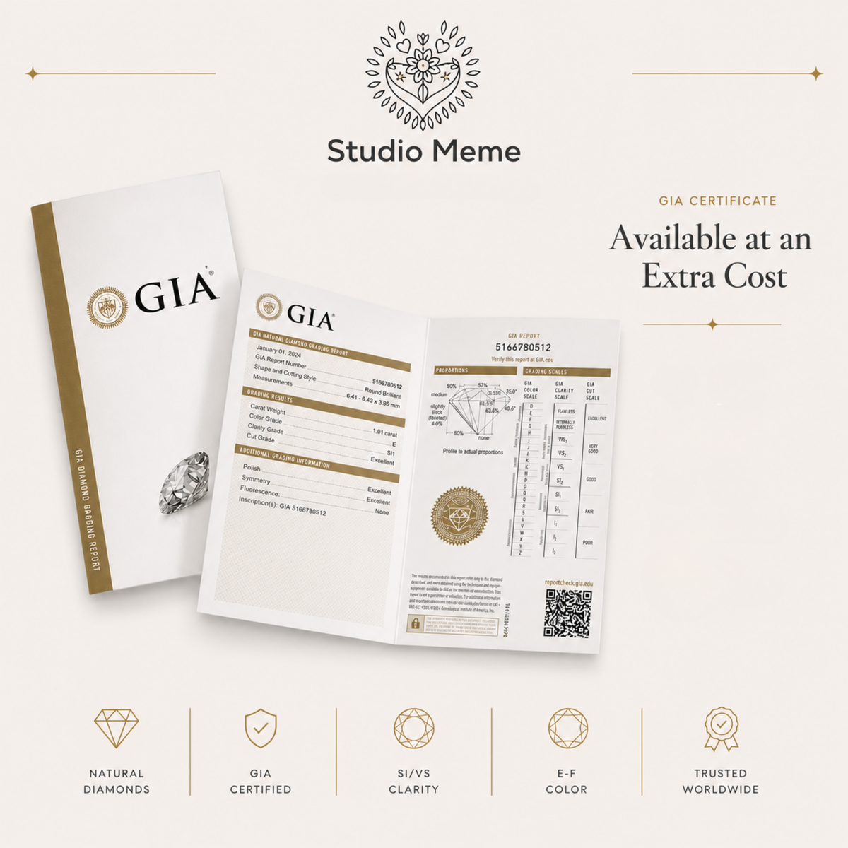 The image is a promotional graphic for a GIA ( gemstone analysis) certificate, featuring a diamond and a detailed report.
