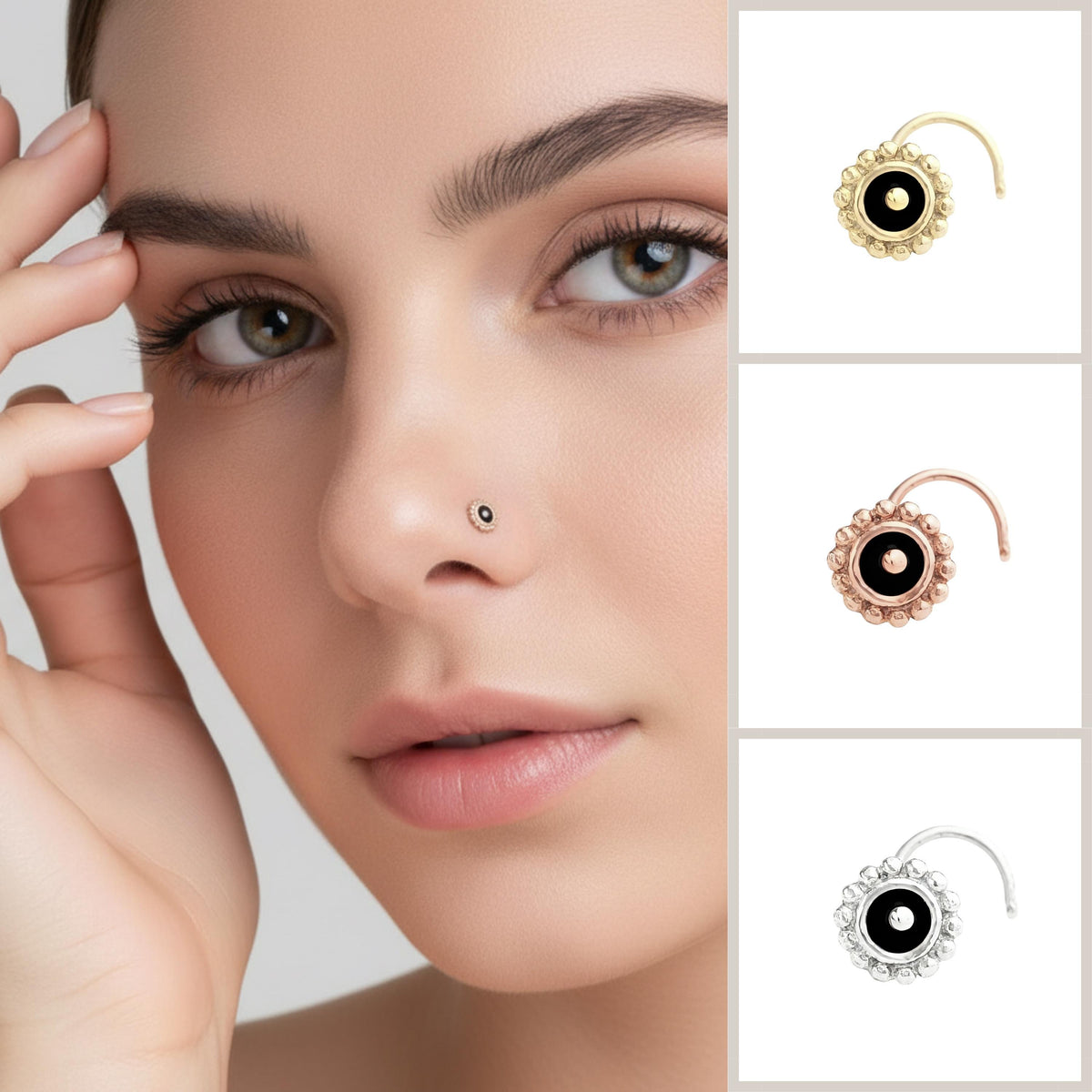 A close-up of a woman's face, with her hand resting on her nose, and three different nose piercings displayed in the background.