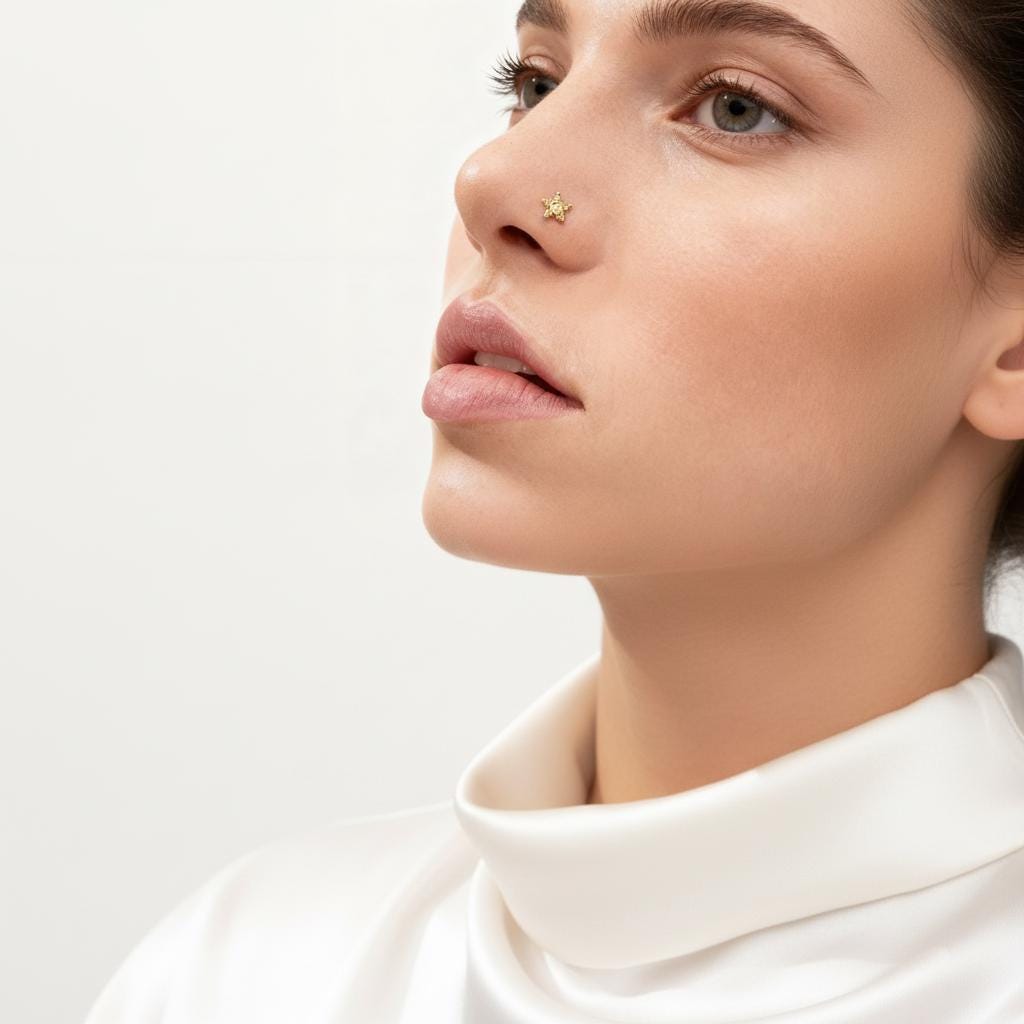 A close-up portrait of a woman wearing a white turtleneck sweater and a nose stud.