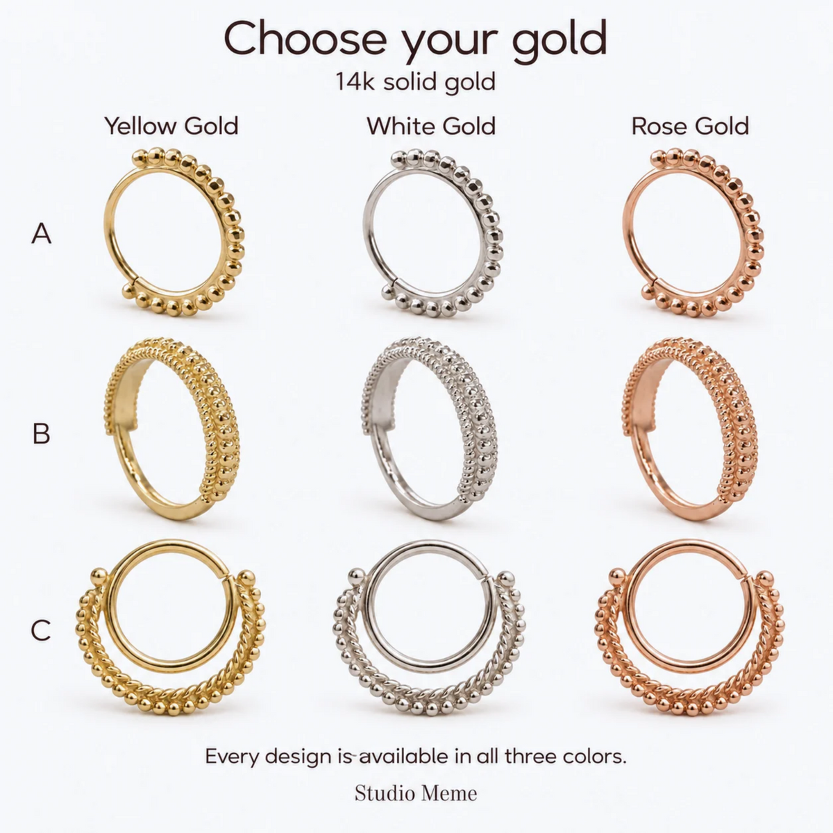 a collection of three different types of nose rings, each with a unique design and color, arranged in a grid format.