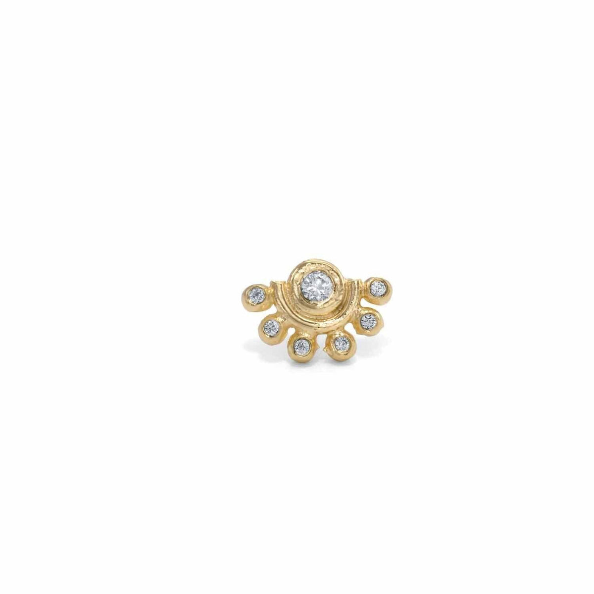 A gold-colored earring with a central diamond surrounded by smaller diamonds, set against a white background.