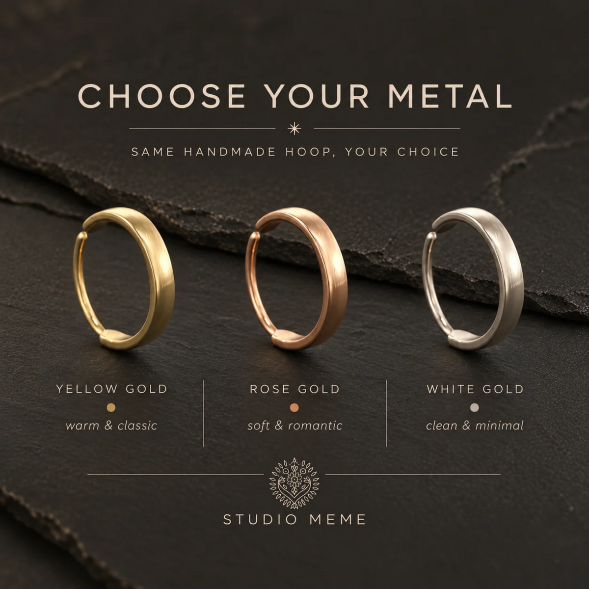 three rings of different colors - yellow gold, rose gold, and white gold - arranged on a dark surface.