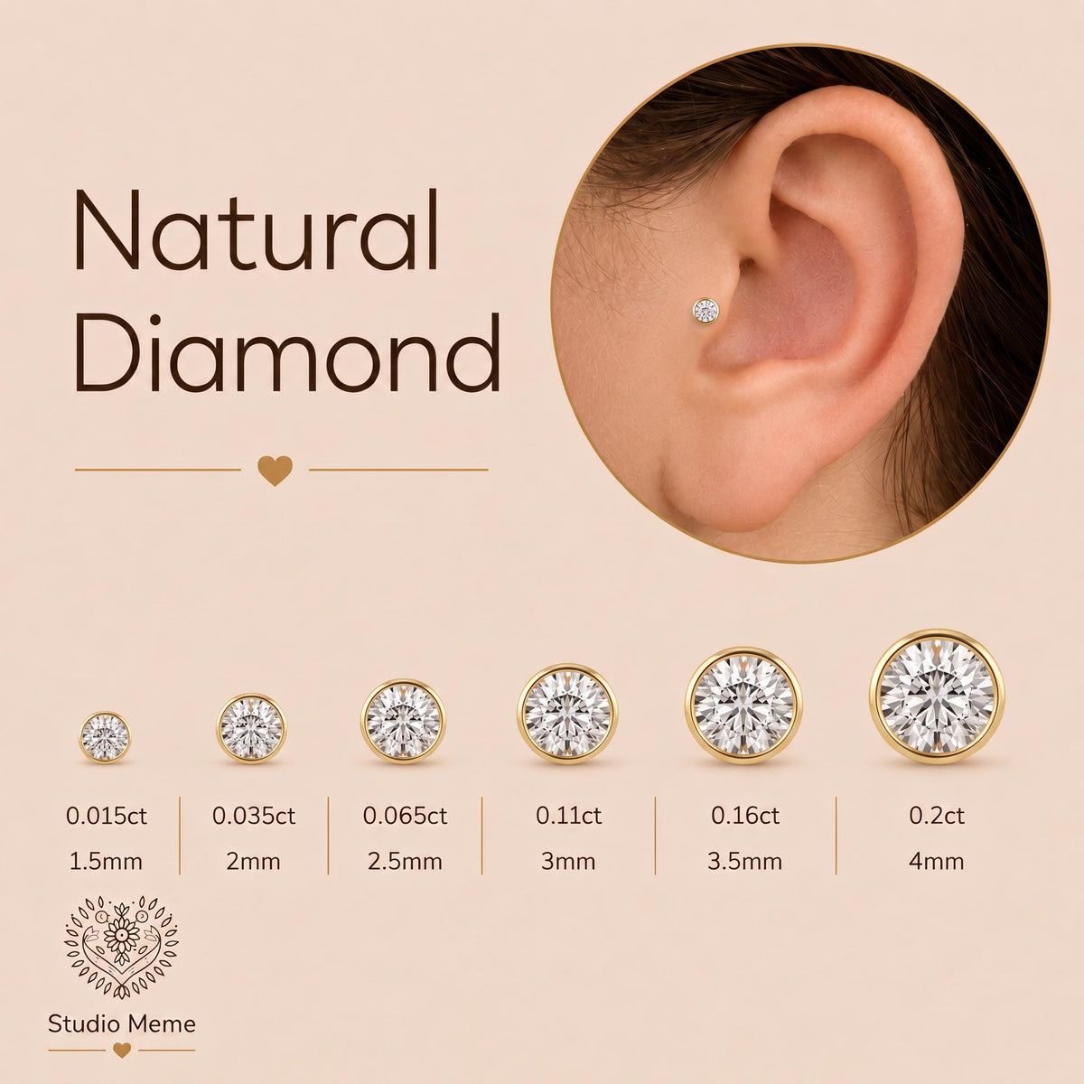 The image is a collage of images depicting various sizes of natural diamond earrings, ranging from 0.05ct to 4mm in diameter.