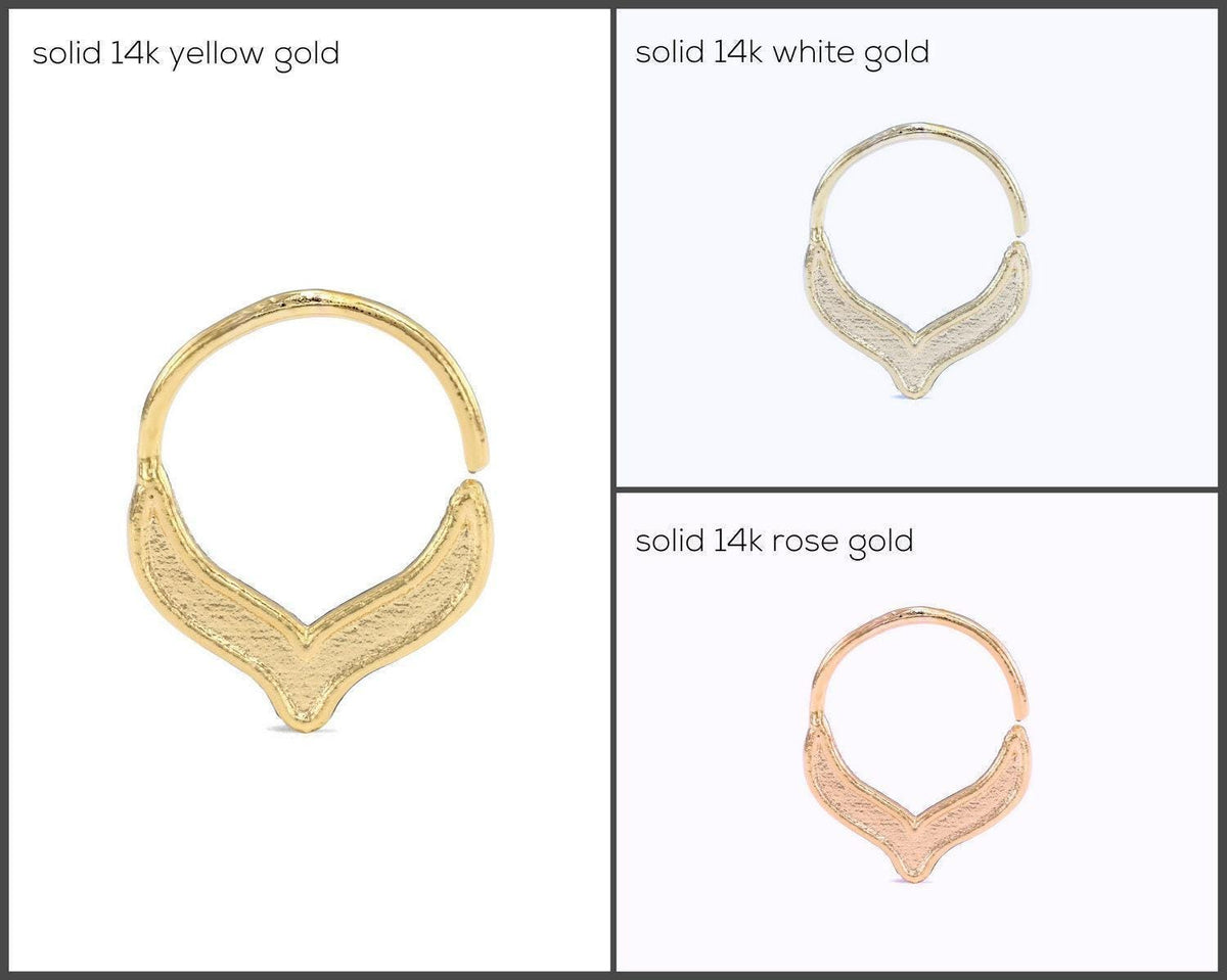 three different gold-colored metal piercings, each with varying designs and sizes. The piercings are labeled with their respective gold-colored material and the type of piercing they are designed for, such as 14k yellow gold, 14k white gold, and 14k rose gold.
