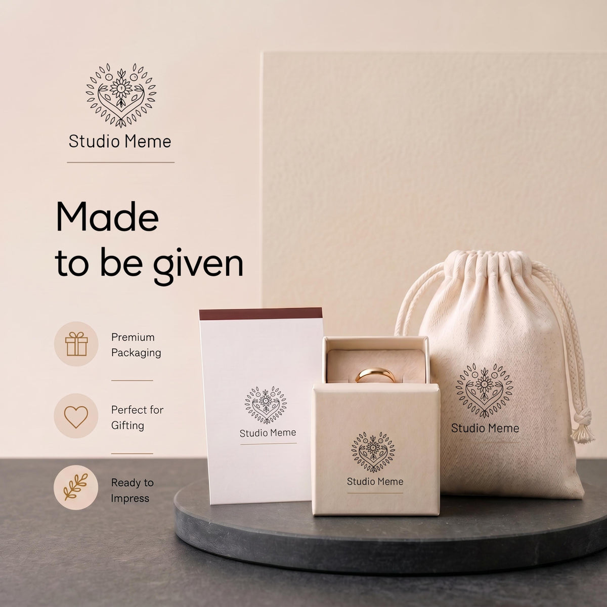 a set of jewelry packaging and a drawstring bag, all branded with the Studio Meme logo.