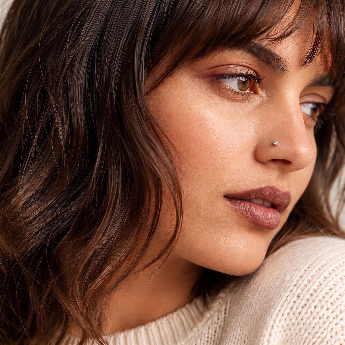 A close-up portrait of a woman with long, wavy brown hair and a neutral expression, wearing a white sweater.