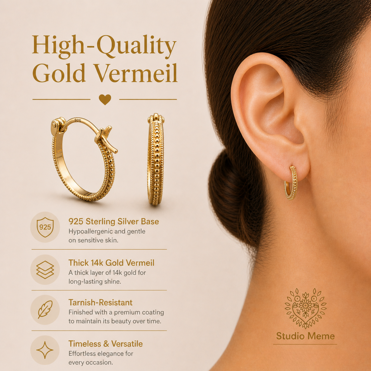 The image is a promotional graphic for high-quality gold Vermeil earrings. It features a close-up of a woman's ear with the earrings on, along with a list of the earrings' features and benefits.