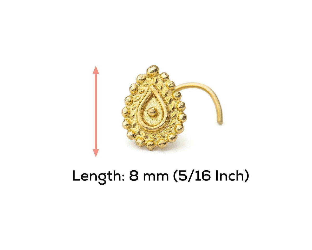 A gold-colored nose stud with an intricate design, accompanied by a measurement indicating its length is 8 millimeters (5/16 inch).