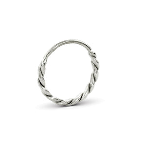 A silver-colored metal ring with a twisted, braided design.