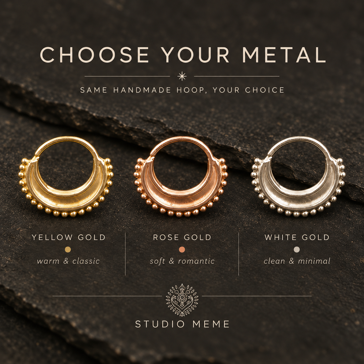 three different types of metal hoop earrings, each with a unique color and style, arranged on a dark background.