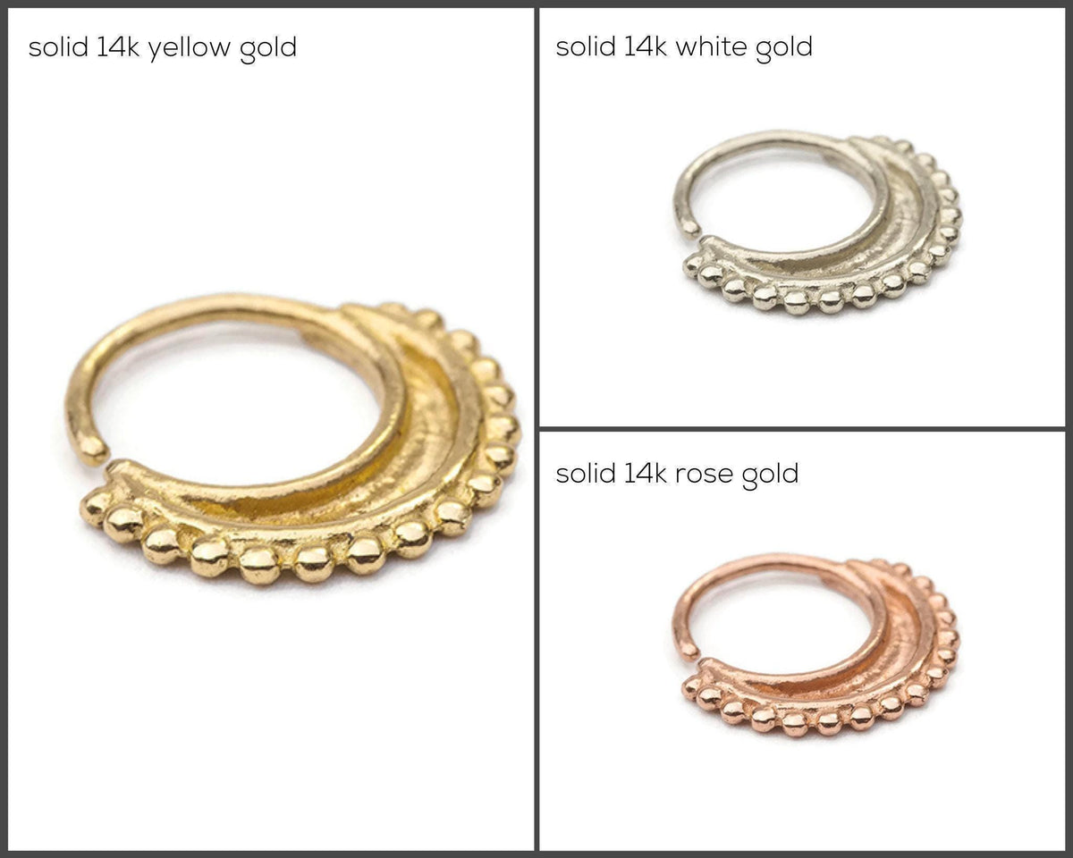 The image is a collage of three photos showing different types of 14k gold and 14k white gold nose rings, each with a distinct color and design.