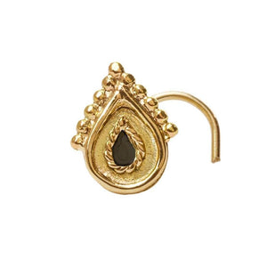Nose Stud Jewelry: A gold-colored nose pin with a decorative design featuring a black gemstone in the center.
