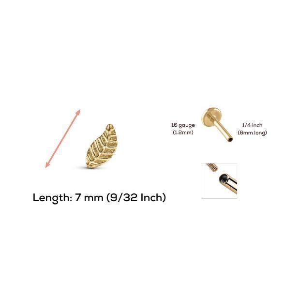 a gold-colored metal piercing, including a leaf-shaped piercing, a 1/4-inch piercing, and a 7 mm (9/32 inch) length.