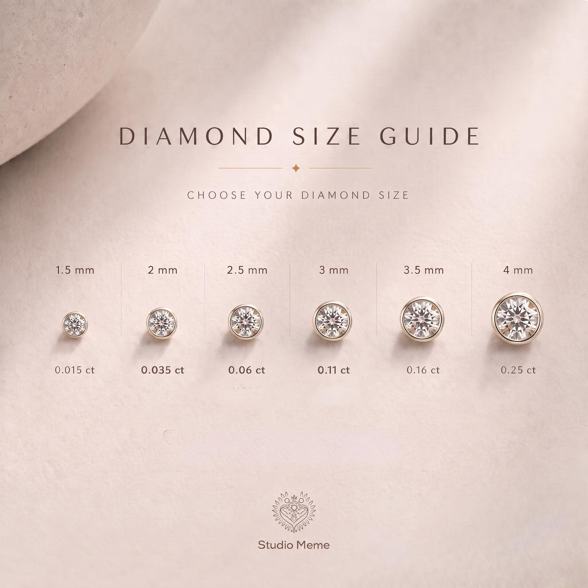 The image is a diamond size guide that provides the sizes of various diamond earrings, ranging from 1.5 mm to 4 mm.