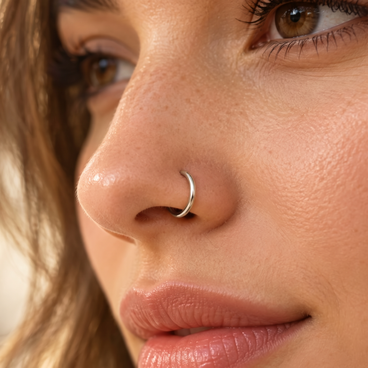 A close-up of a woman's face, focusing on her nose and lips.