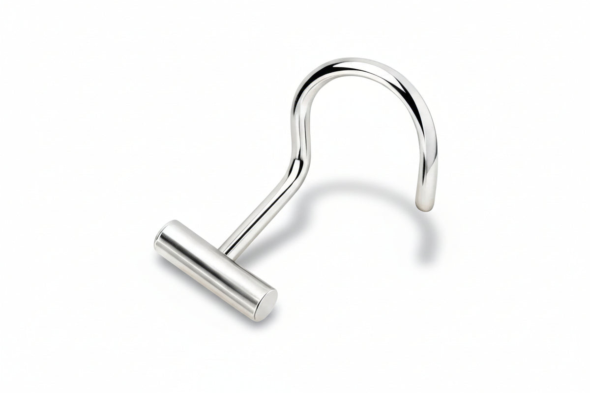 A silver metal hook or hanger is shown against a white background.