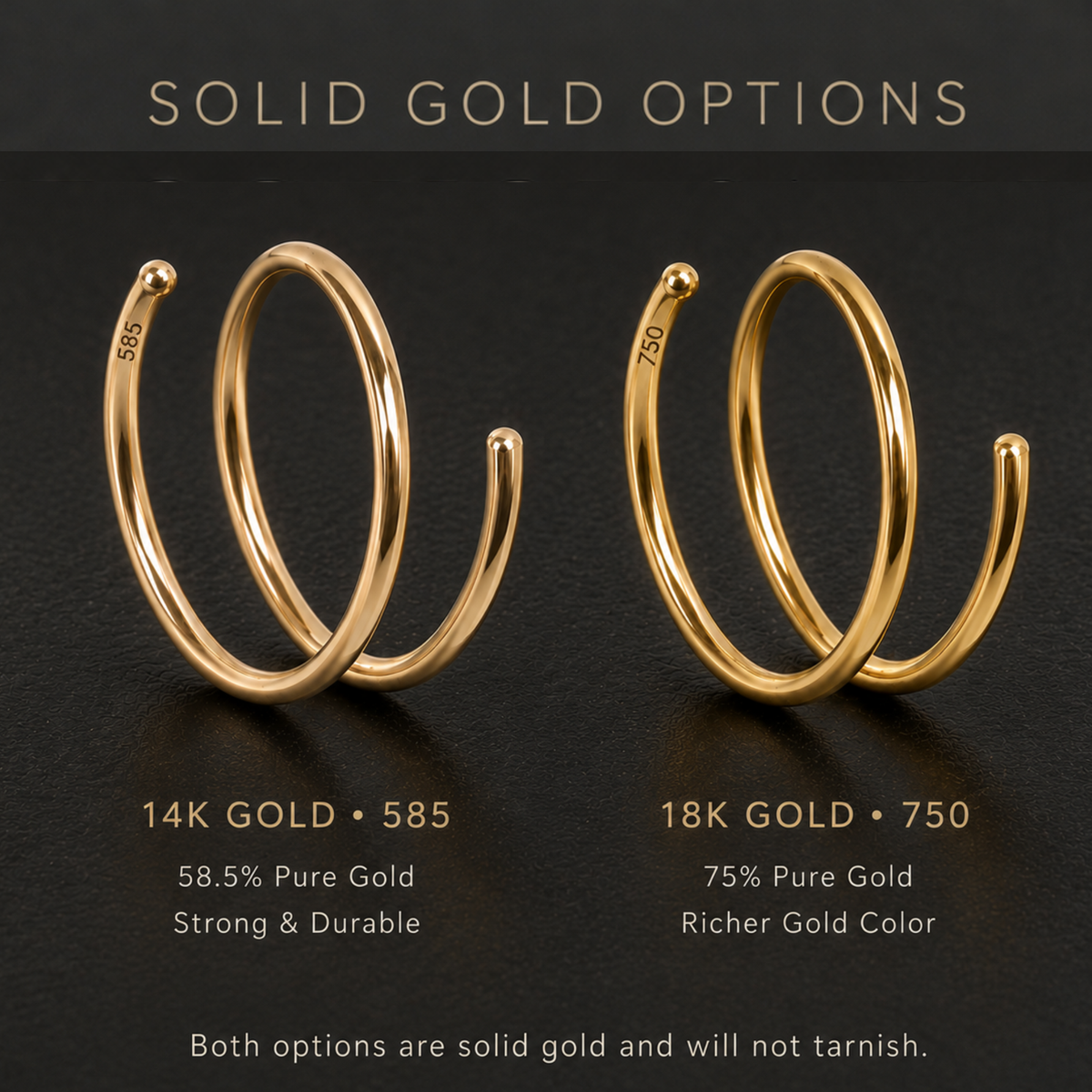 two gold rings, one 14K gold and one 18K gold, with the text explaining the differences between the two options.