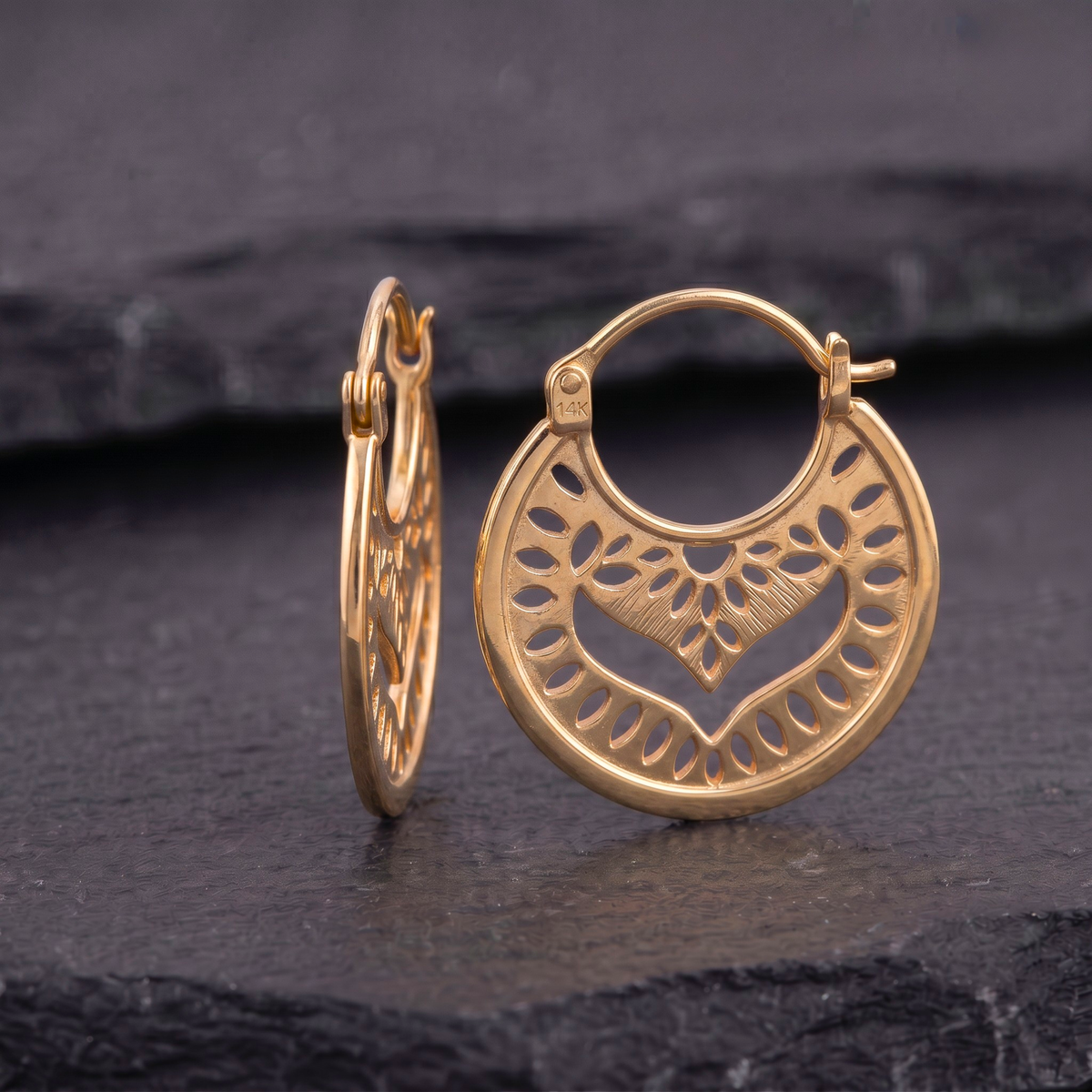Solid 14k Gold Mandala Hoop Earrings — Boho Filigree Statement