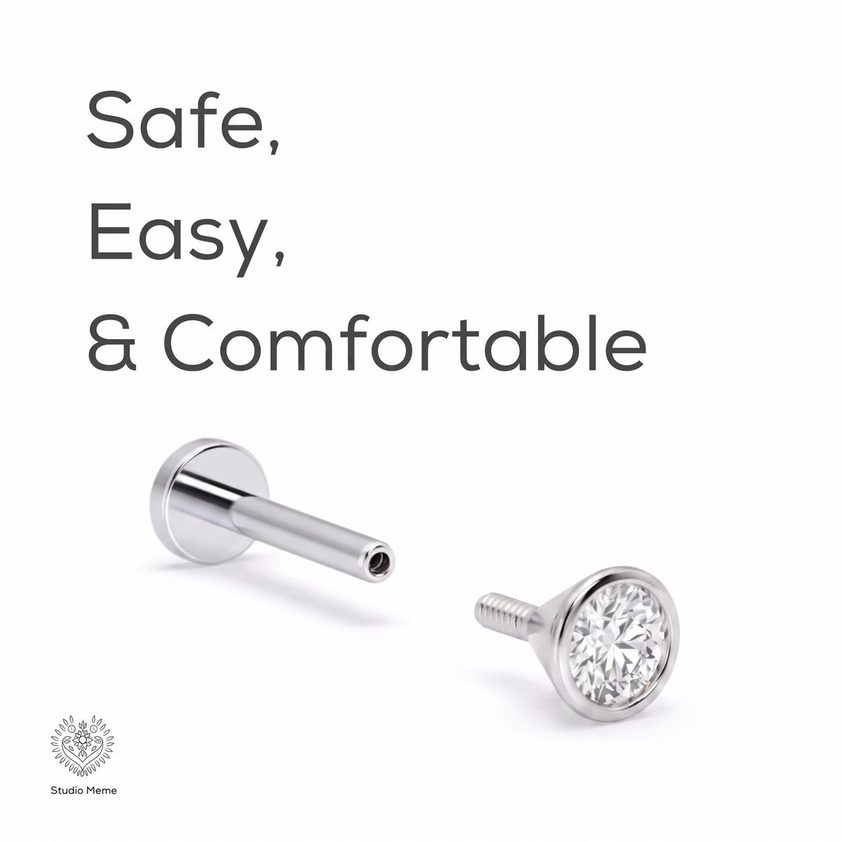 a silver-colored diamond-encrusted object, which appears to be a piece of jewelry, with the text "Safe, Easy, & Comfortable" written above it.