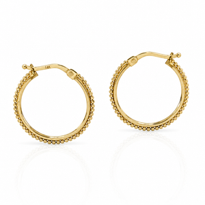 A pair of gold hoop earrings with a textured, beaded design.