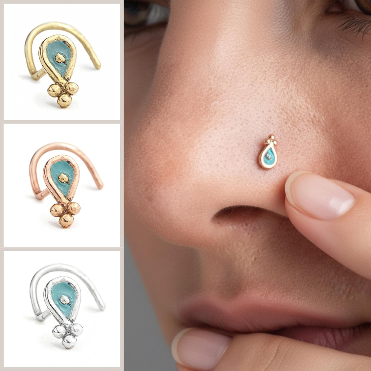 The image is a collage of four images showing different nose piercings, with a close-up of a person's nose and finger holding a small blue nose piercing.