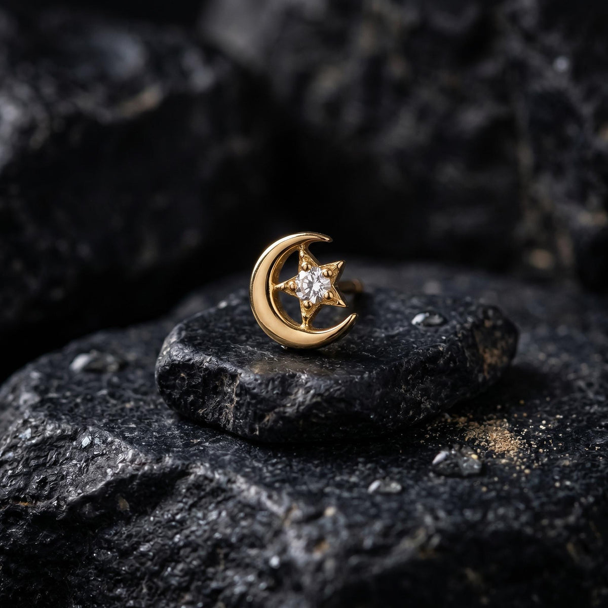 Crescent moon and star diamond nose stud, islamic jewelry