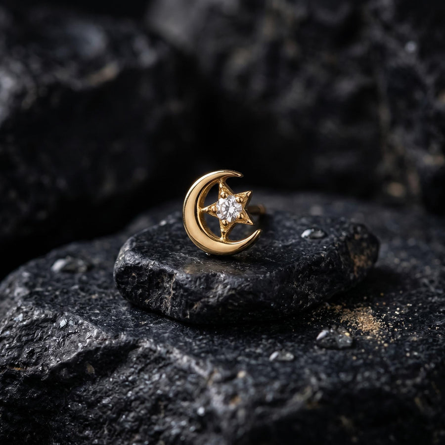 Crescent and Star Diamond Nose Stud · Solid Gold Islamic Jewelry