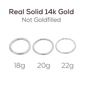 three different sizes of 18g, 20g, and 22g gold nose rings, indicating the size of each ring.
