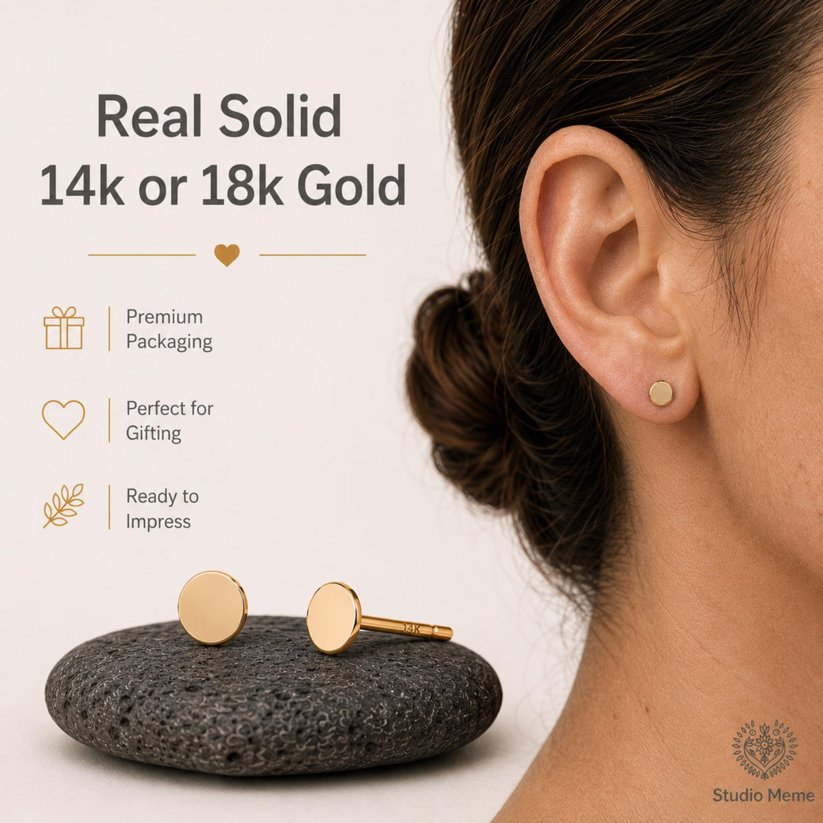 a woman's ear with a pair of gold stud earrings, accompanied by text highlighting the features of the earrings, such as premium packaging, perfect for gifting, and ready to impress.