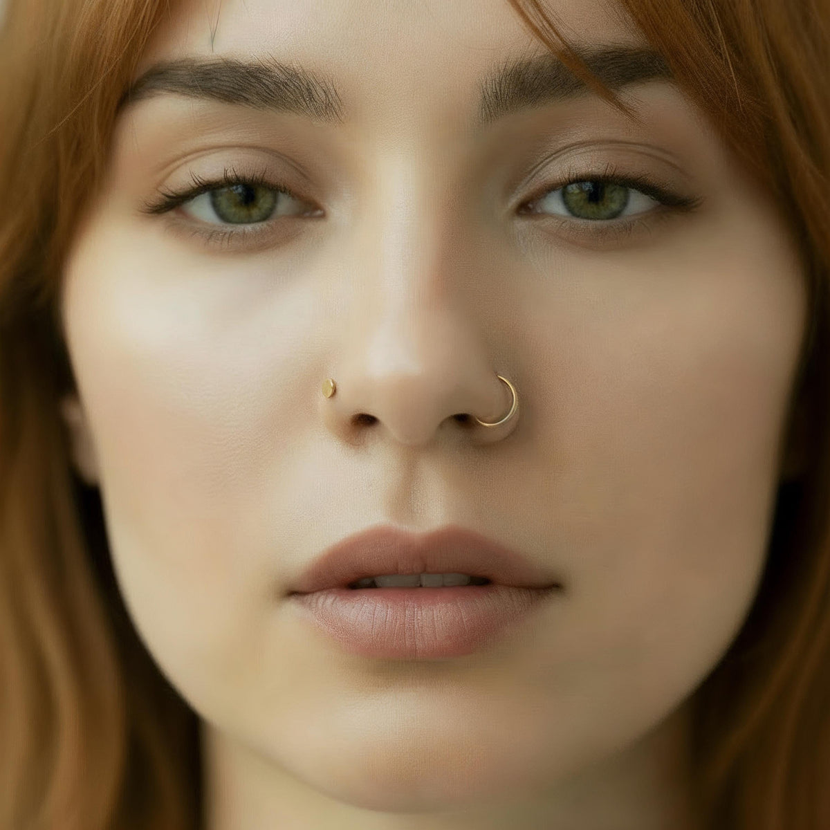 A close-up portrait of a woman with red hair and a nose ring, looking directly at the camera with a neutral expression.