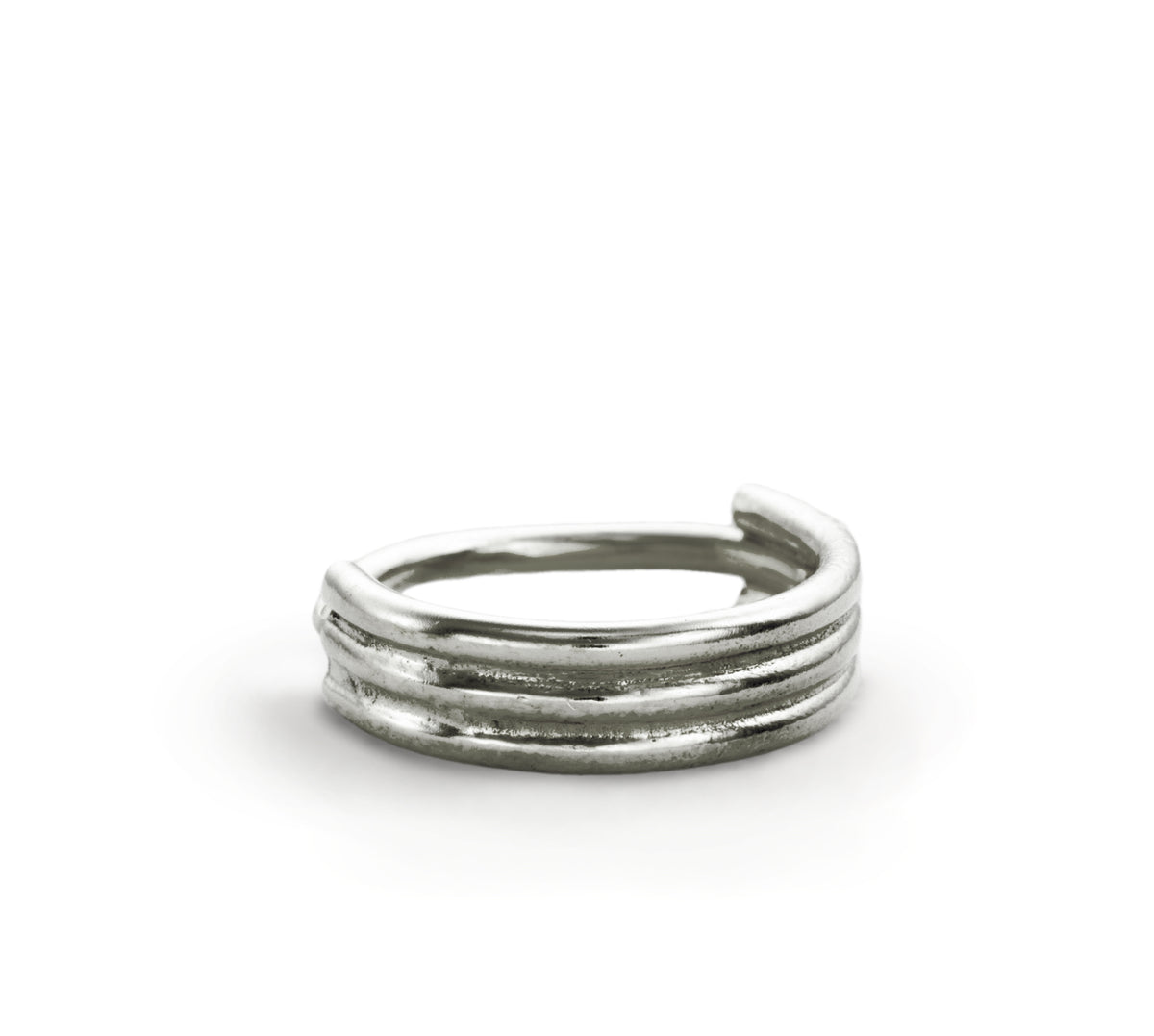 A silver ring with a curved band is shown against a white background.
