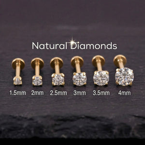 A collection of six gold-colored diamond-encrusted nose studs, each with a different size ranging from 1.5mm to 4mm.