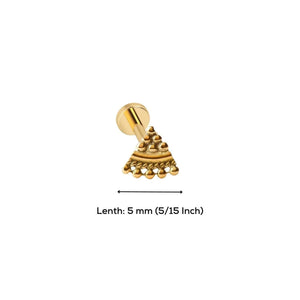 A gold-colored metal earring with a triangular shape and decorative elements, along with a measurement indicating its length.