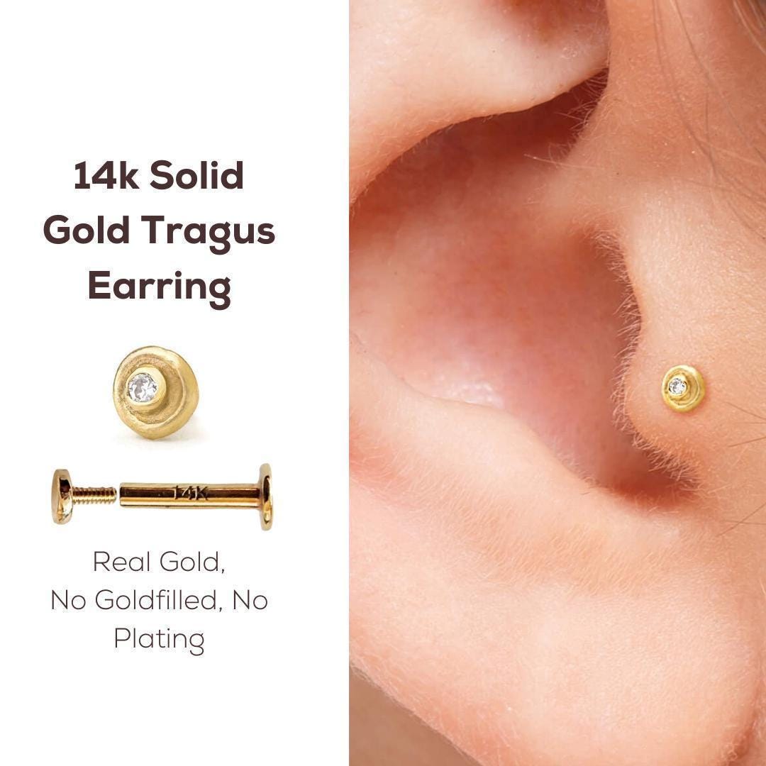 The image is a collage of two photos. The left photo shows a 14k gold tragus earring with a small diamond, while the right photo shows a close-up of a person's ear with a gold earring.