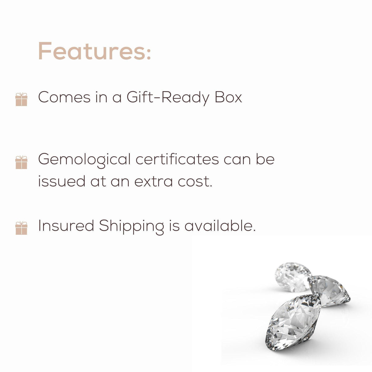 a close-up of three diamonds, with text providing information about the product.