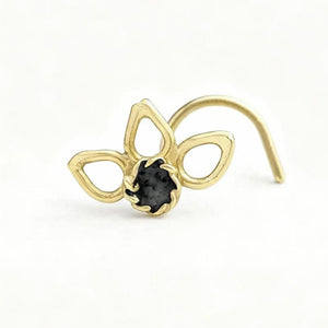 Flower Nose Stud: A gold-colored nose ring with a black gemstone in the center.