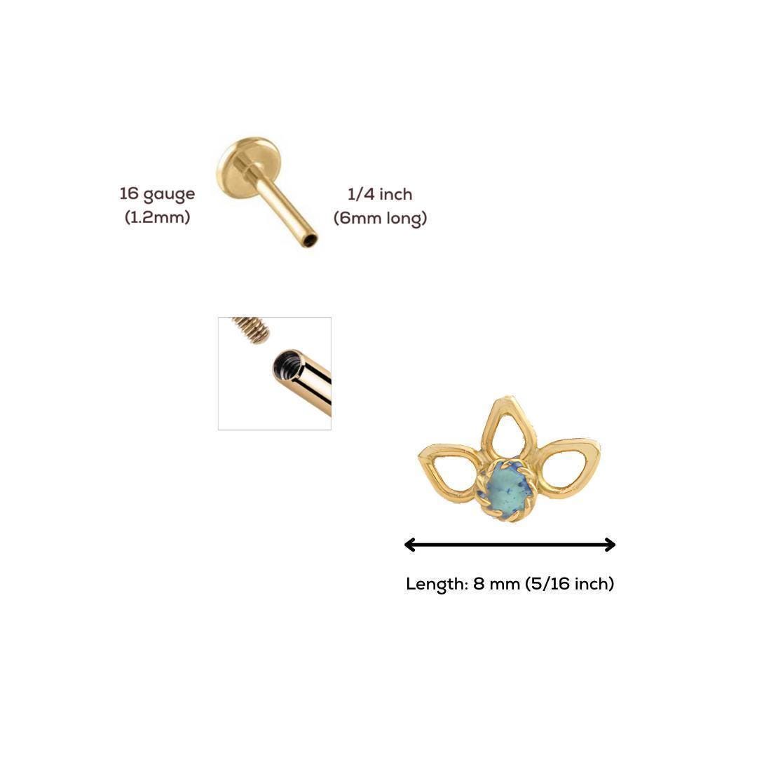 three different types of jewelry, including a 16 gauge, 1/4 inch long, and a flower-shaped piece, along with their respective measurements.