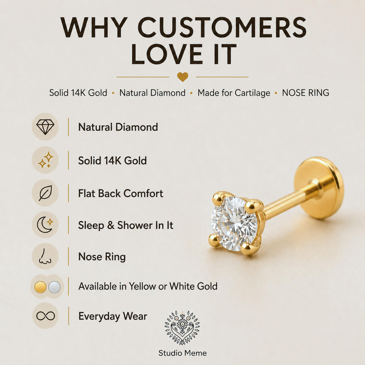 The image is an advertisement for a gold nose ring, highlighting its features and benefits.