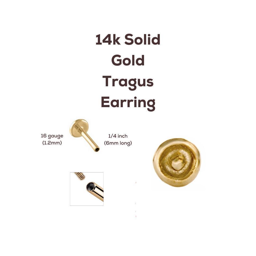 The image is a collage of three images depicting different sizes of 14k gold tragus earrings. The first image shows a 16-gauge gold tragus earring, the second image shows a 1/4 inch gold tragus earring, and the third image shows a 6mm long gold tragus earring.