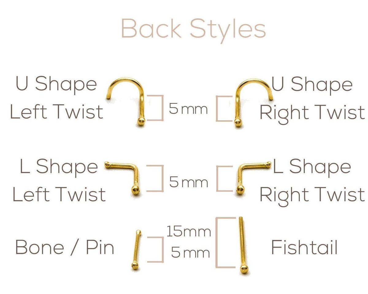 various types of nose studs, each with a different shape and size, along with the corresponding measurements.