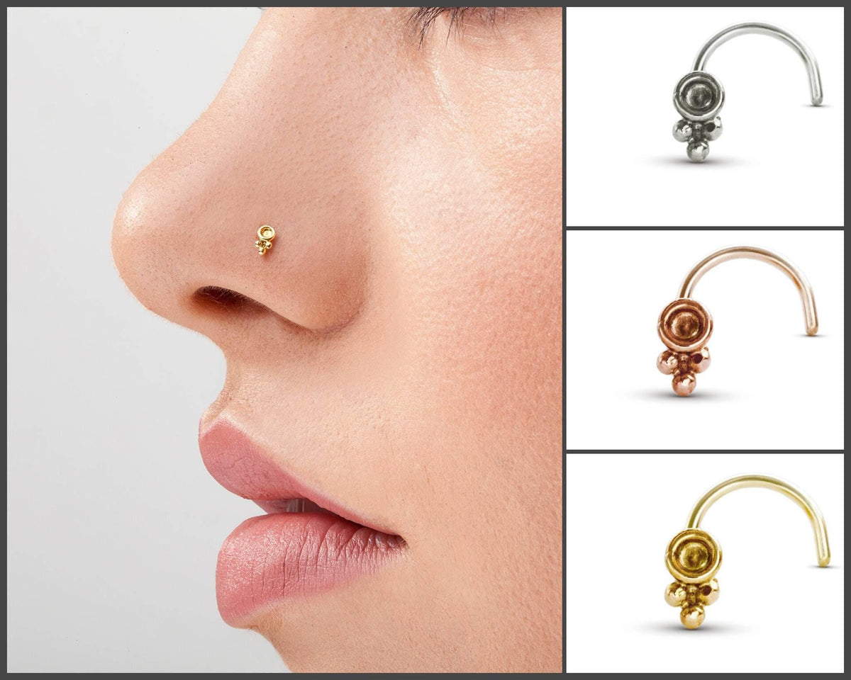 The image is a collage of four images showing different nose stud designs.