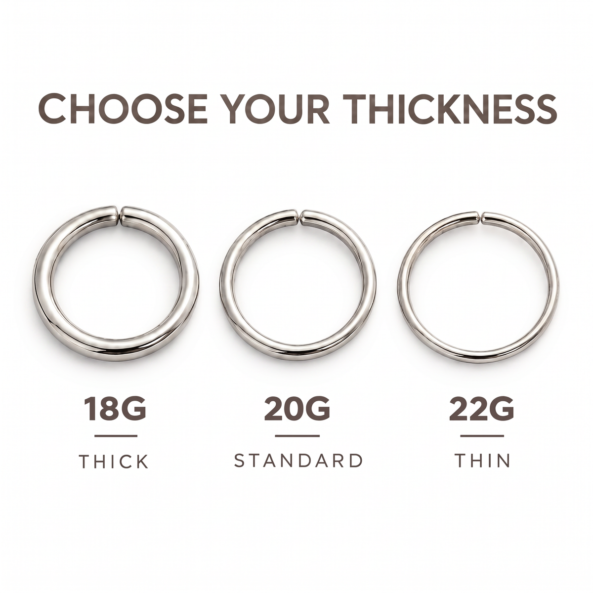 three different sizes of 18G, 20G, and 22G rings, each with a corresponding description indicating the thickness of the ring.