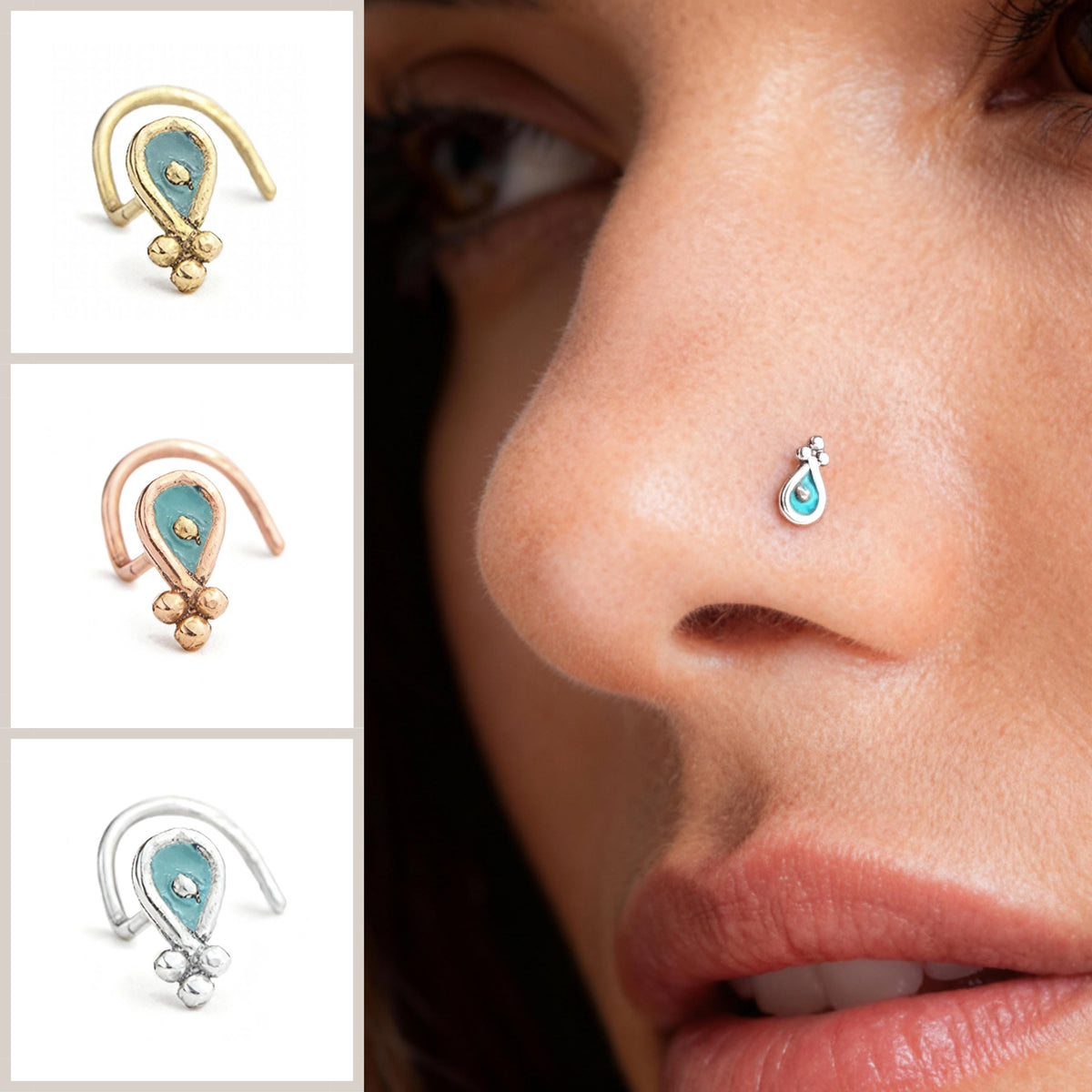 A close-up of a woman's face, focusing on her nose and lips, with a close-up of a small, colorful nose ring.