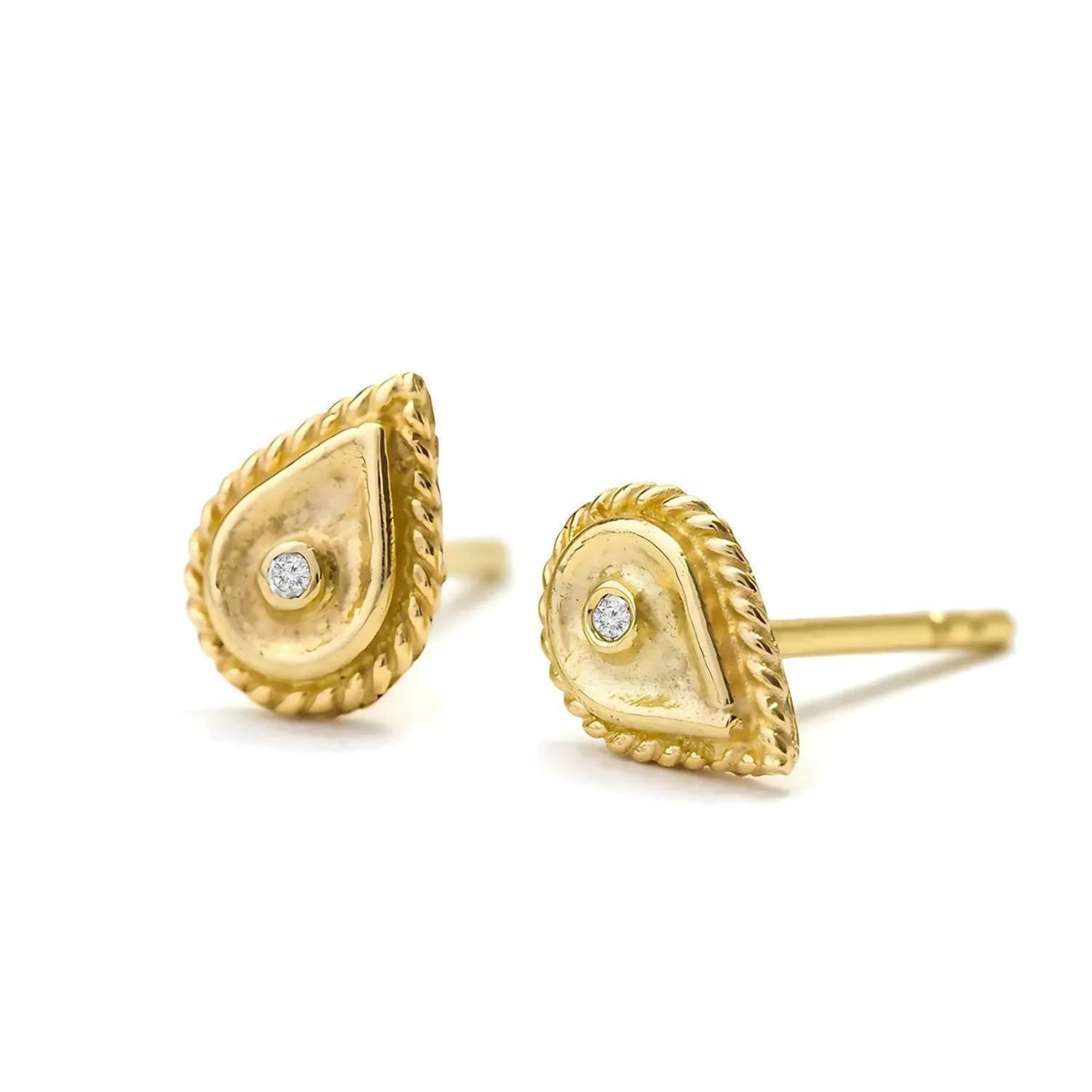 Diamond Earrings: a pair of gold earrings with a diamond in the center, both of which are placed on a white background.