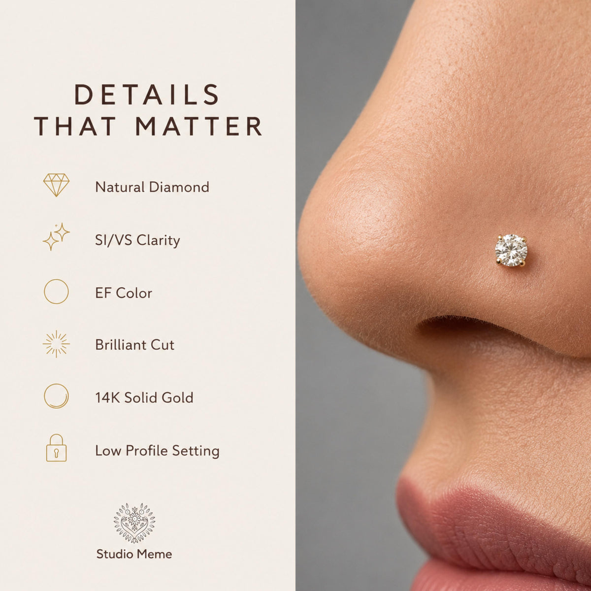 The image is a close-up of a person's nose with a small diamond nose stud, accompanied by a list of details that matter about the nose stud.