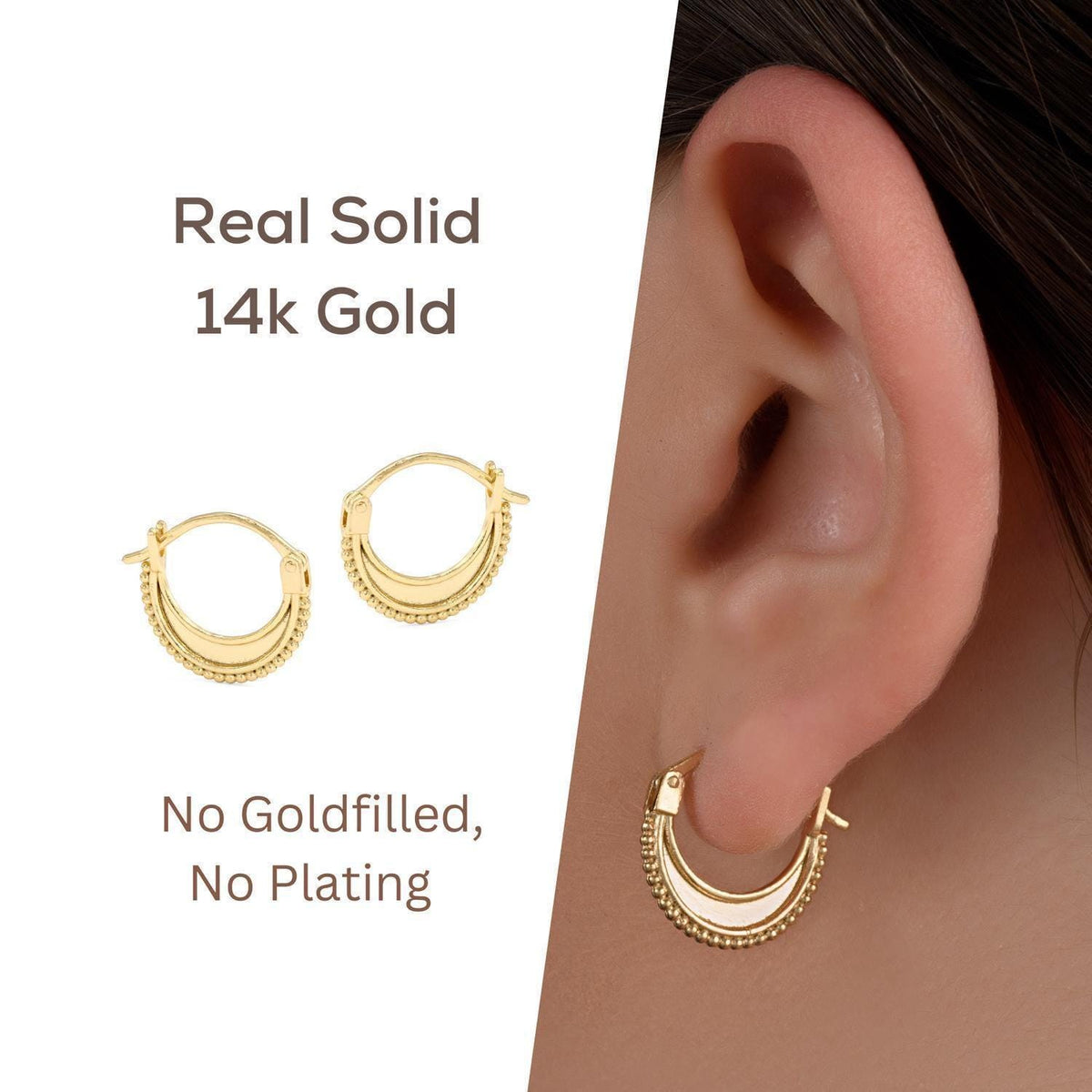 The image is a collage of two gold earrings, one with a 14k gold filling and the other without. The text above the earrings states that they are real solid 14k gold earrings, and below the earrings, it states that they are no goldfilled, no plating.