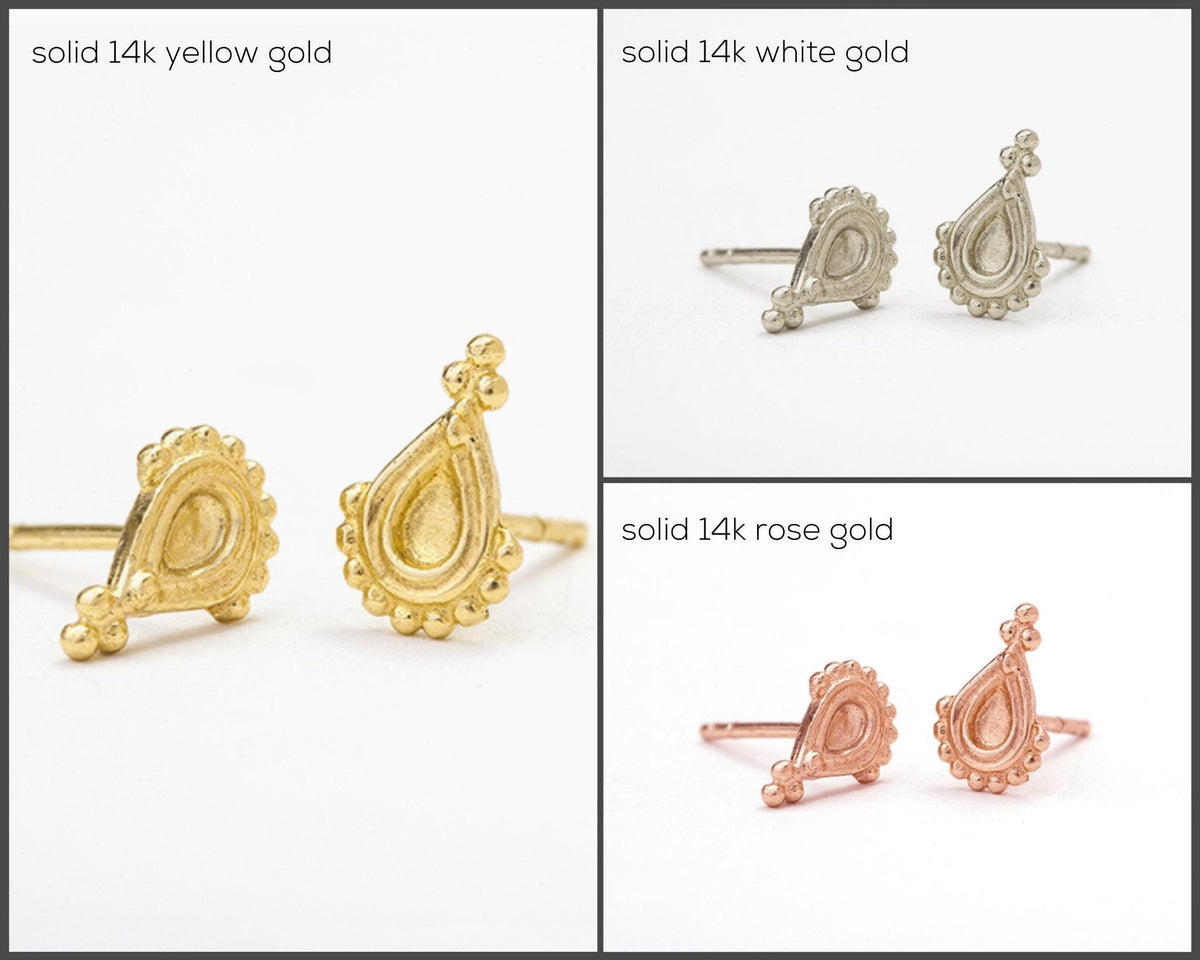 The image is a collage of four photos showcasing different types of earrings, including solid 14k yellow gold, solid 14k white gold, solid 14k rose gold, and solid 14k rose gold earrings.