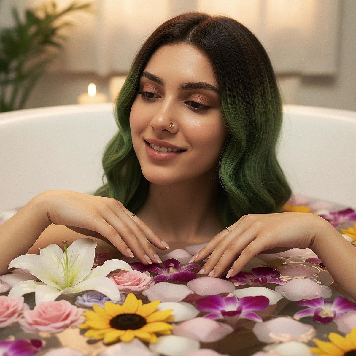 A woman with long, wavy green hair is sitting in a bathtub filled with colorful flower petals, smiling and resting her hands on her face.