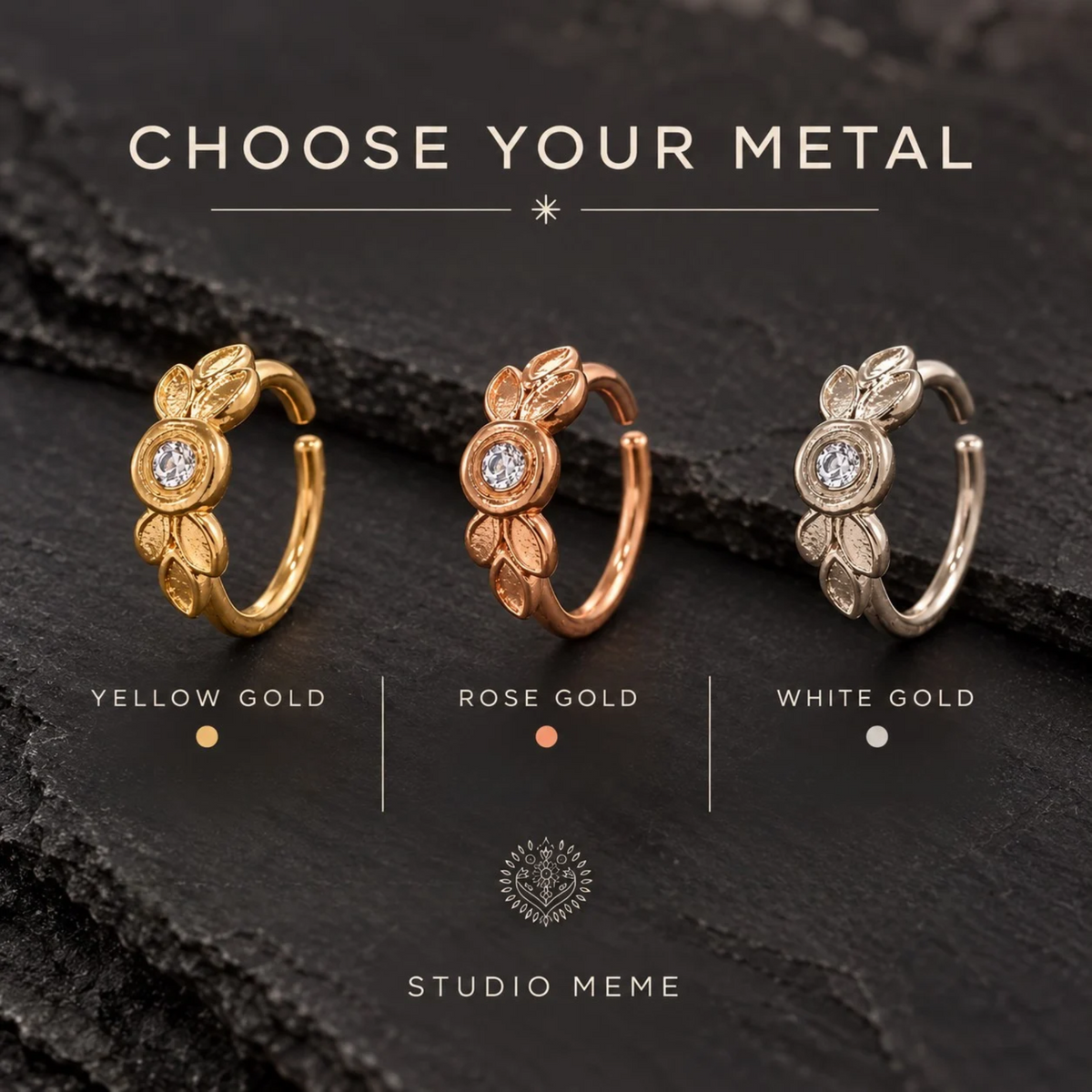 three different colored metal earrings, each with a unique design and color, arranged on a dark surface.